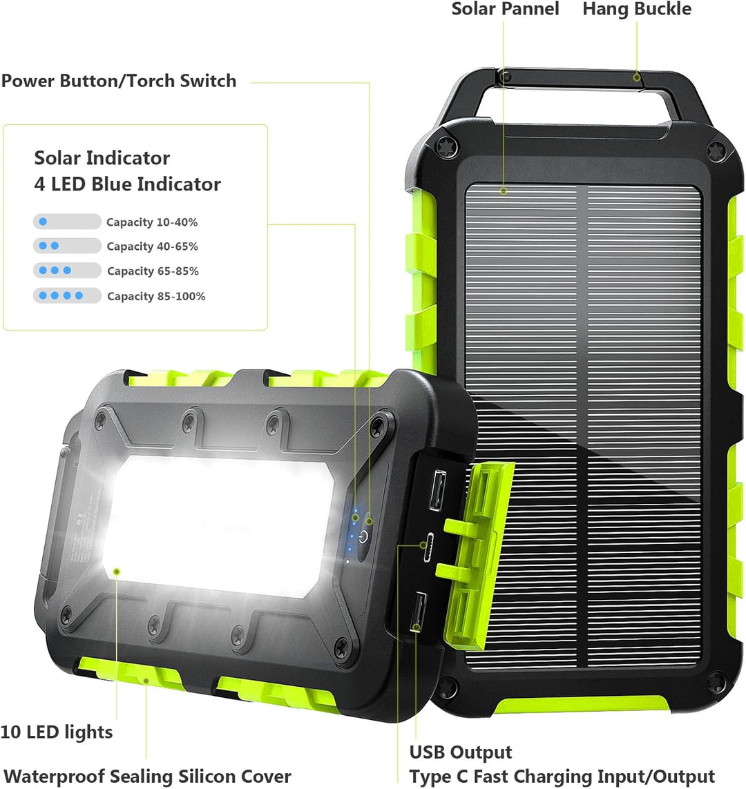 Solar Powerbank 10000mAh PD 15W Tragbares Solar Ladegerät USB C Outdoor Wasserdicht Externer Akku mi