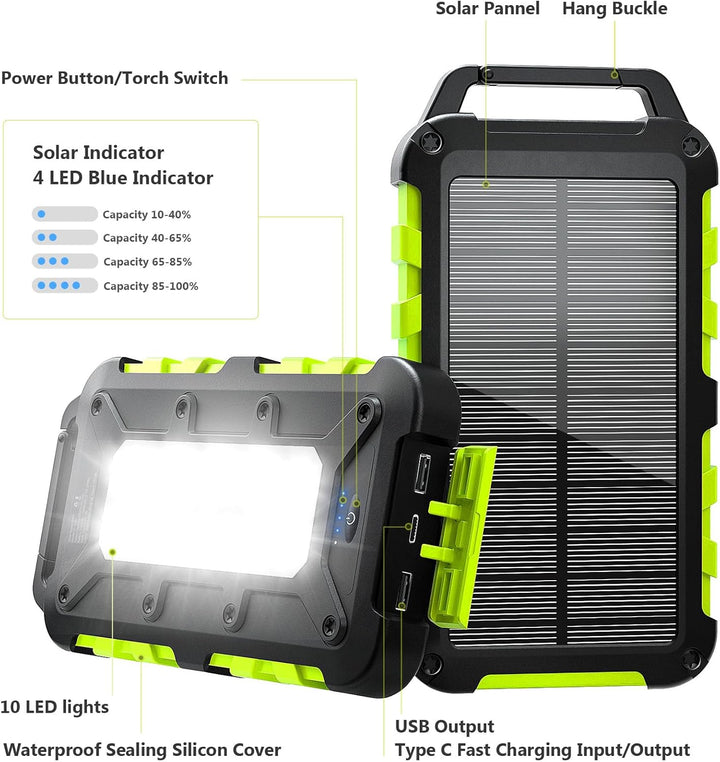 Solar Powerbank 10000mAh PD 15W Tragbares Solar Ladegerät USB C Outdoor Wasserdicht Externer Akku mi