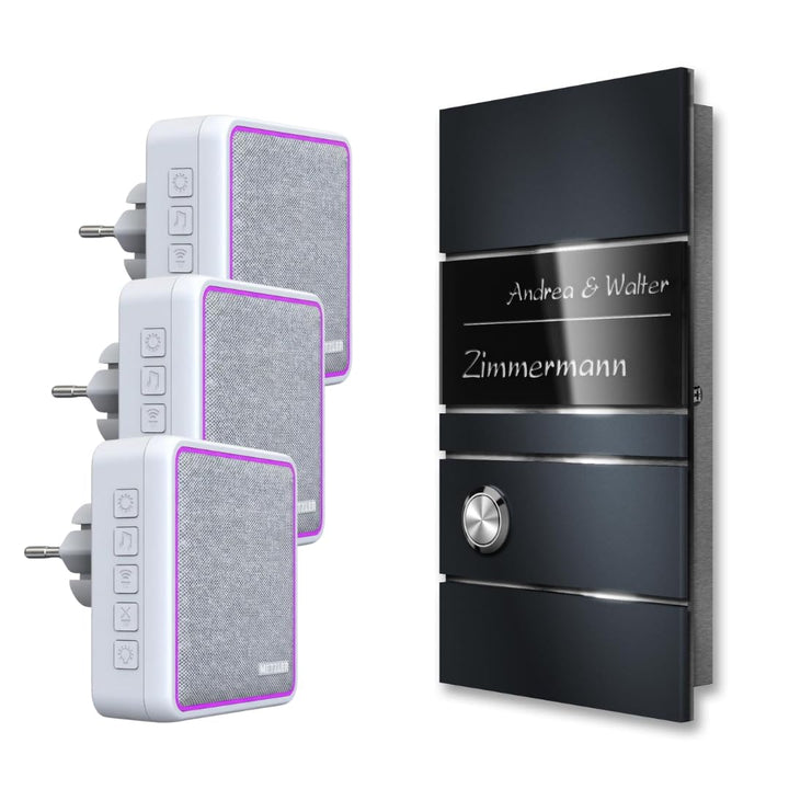 Metzler® Funkklingel mit gravierbarem Namensschild und LED-Taster anthrazit RAL 7016 kabellos aufput