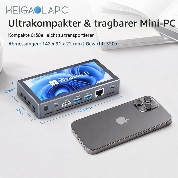 Mini PC mit 5,5 Zoll Touchscreen Display, Intel N5100 Quad-Core, 8GB RAM 128GB SSD, Win 11, Dual 4K