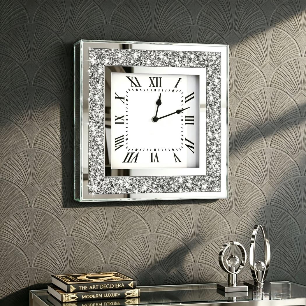 Crystal Crush Diamond Mirrored Square Wall Clock with Sparkle Twinkle Bling Diamond Decor for Wall D