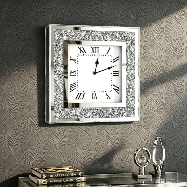Crystal Crush Diamond Mirrored Square Wall Clock with Sparkle Twinkle Bling Diamond Decor for Wall D