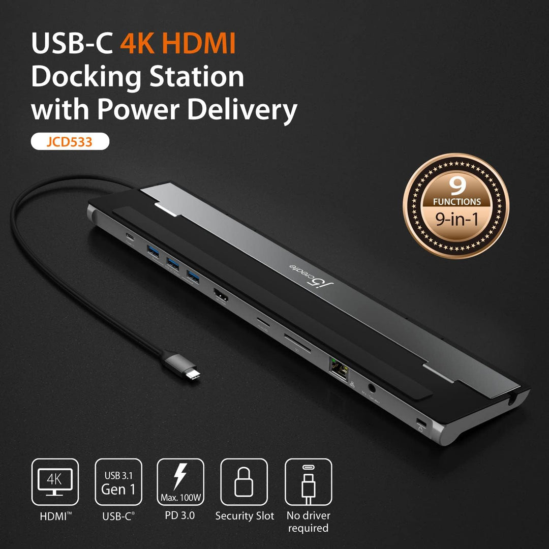 j5create USB-C 4K HDMI Dockingstation (9-in-1), 4K HDMI, 5Gbps USB-A x3, Kartenleser, PD 100W, Gigab