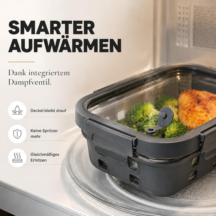 Meal Prep Boxen Set 3x1020ml – Borosilikatglas, auslaufsicher, stapelbar, mikrowellengeeignet, mit S
