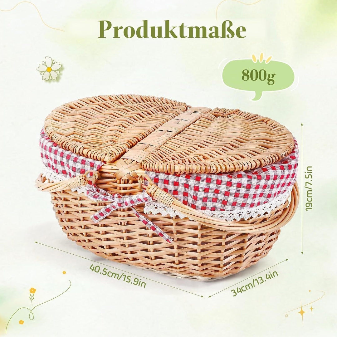Picknickkorb, Picknickkorb mit Doppelt zu öffnendem Deckel und Klappbarem Griff, Handgewebter Korb m