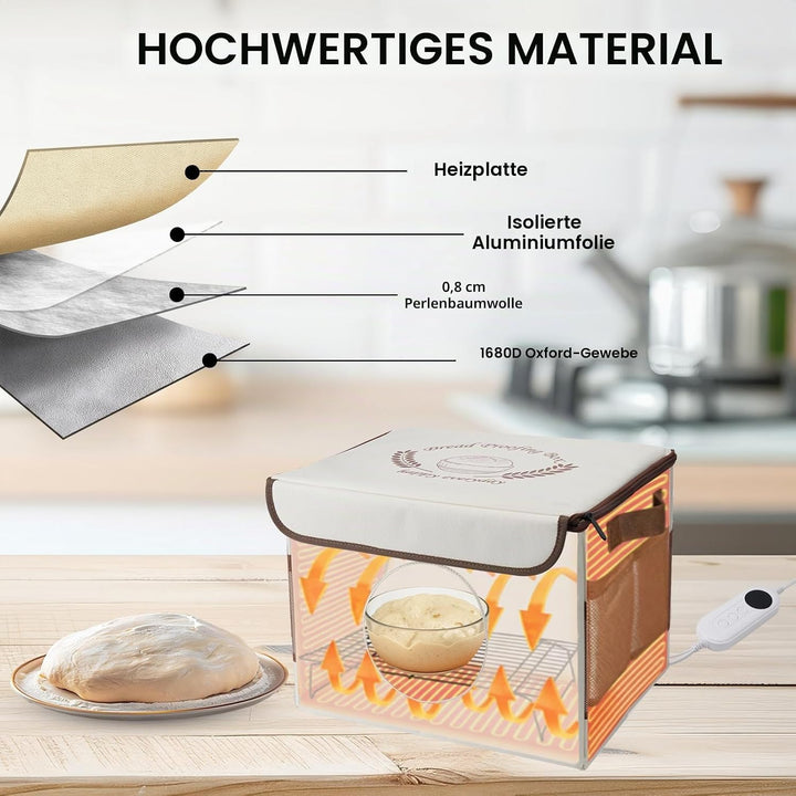 Brot Gärbox mit Heizung, Faltbare Brot Gärschrank Einstellbare Temperatur und Timer, Teiggärbox zum