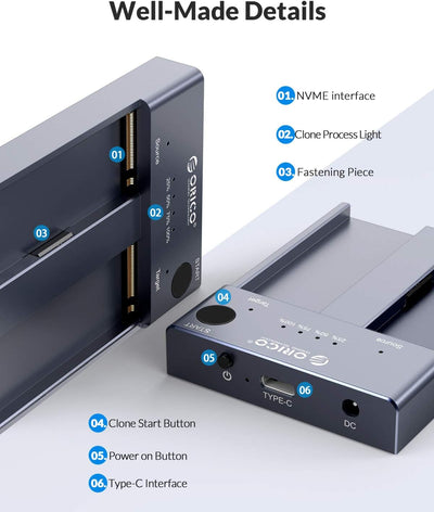 ORICO NVMe Clone Dockingstation M.2 Dual- Bay 10Gbit/s mit Offline-Clone Duplikatorfunktion ,USBC NV