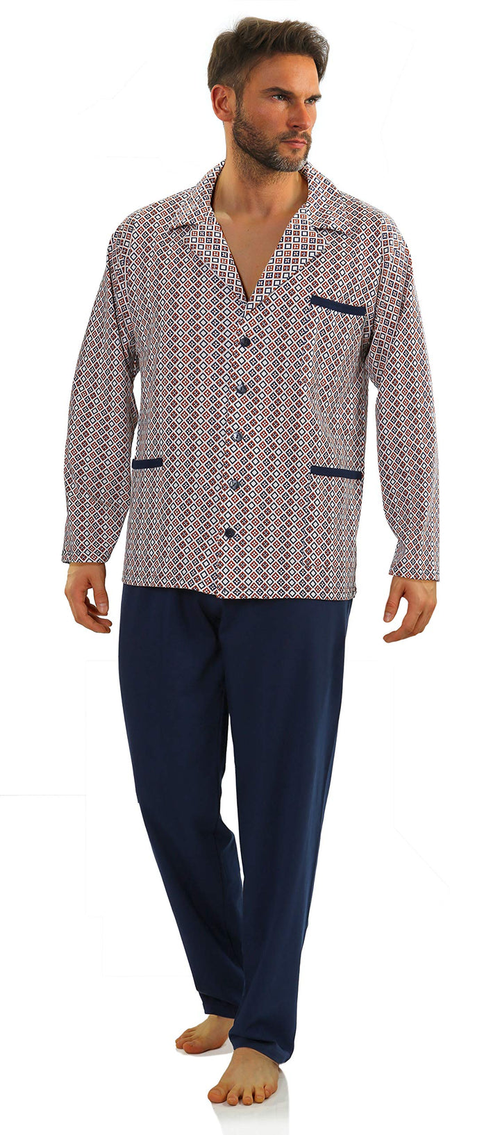sesto senso Herren Pyjama mit Knopfleiste Lang Baumwolle Schlafanzug Knöpfen M T-shirt - Muster Weis