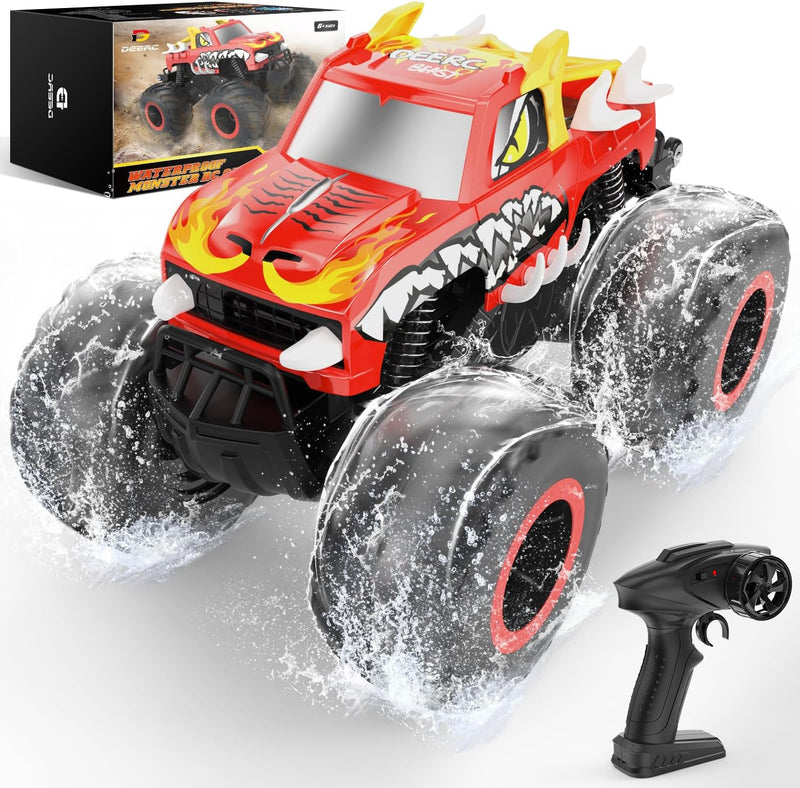 DEERC Amphibisches Ferngesteuertes Auto 1:16, 4WD Off-Road Monster Trucks in Feuer-Drache-Optik mit