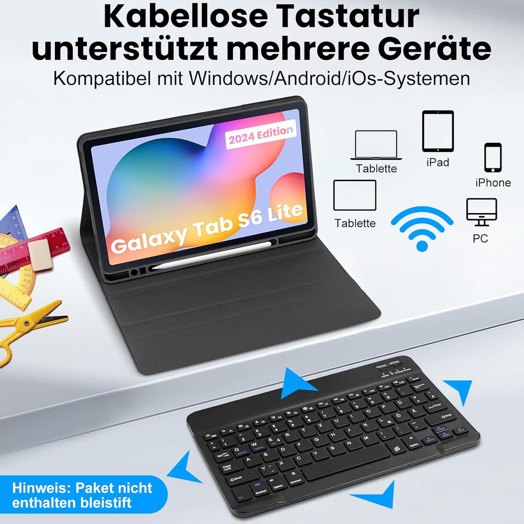 Hülle mit Tastatur für Samsung Galaxy Tab S6 Lite 2024,Schutzhülle mit Kabellos Abnehmbarer Tastatur