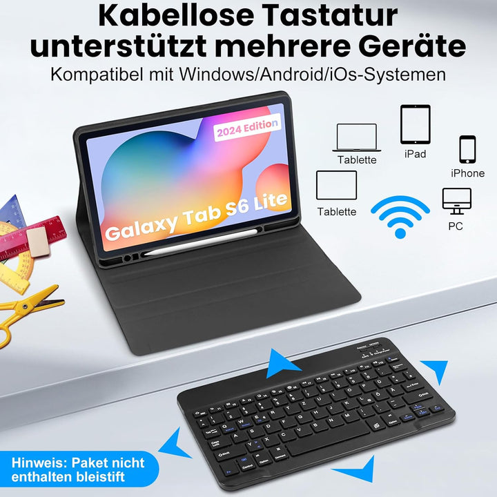 Hülle mit Tastatur für Samsung Galaxy Tab S6 Lite 2024,Schutzhülle mit Kabellos Abnehmbarer Tastatur