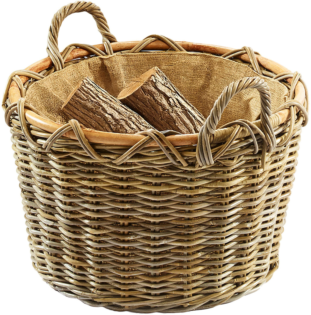 Kobolo Kaminkorb Holzkorb für Kaminholz rund Kubu grey-antique - aus Rattan mit Griffen und herausne