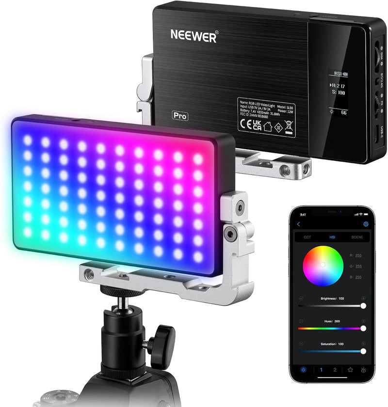 NEEWER SL90 RGB Videoleuchte, Led Videolicht mit App & 2,4G Steuerung/12W 4300mAh Akku/360°Vollfarbe