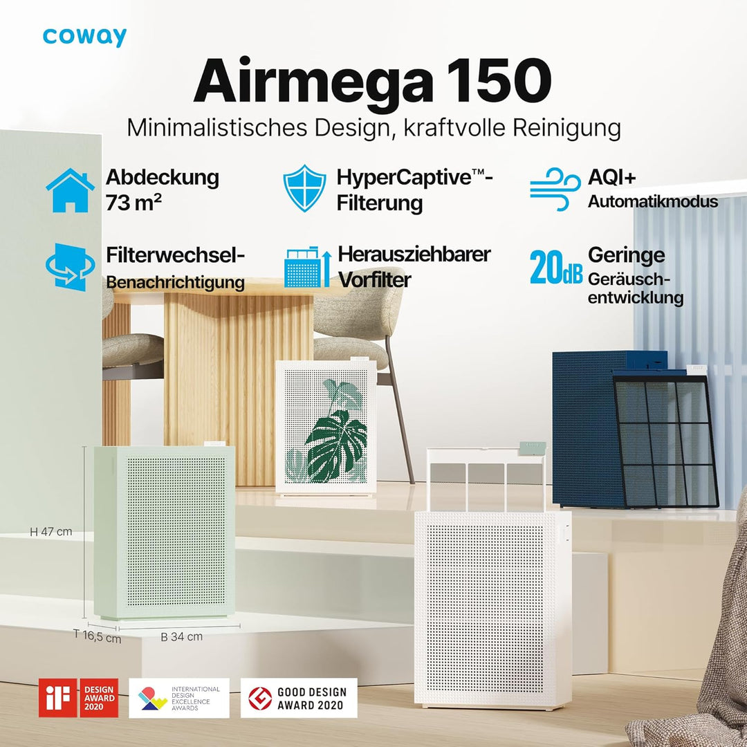 COWAY AIRMEGA 150 Luftreiniger mit GreenHEPA Technologie – Entfernt 99,999% der Partikel bis zu 0,01