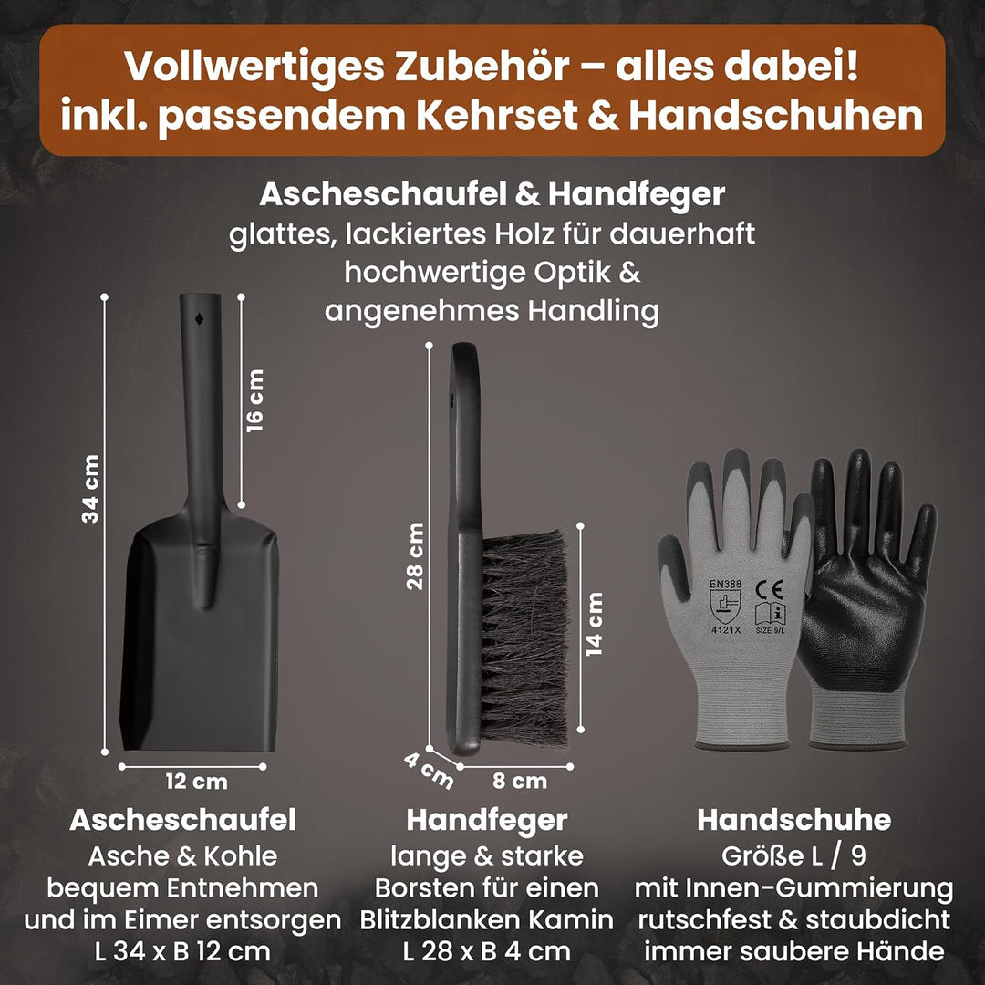 BLACK OAK Ascheeimer LANIN 8L - Asche-Eimer schwarz mit Deckel & Holz-Griff DUNKEL + Feger + Schaufe