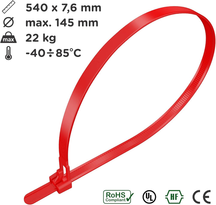 intervisio Kabelbinder Wiederverschliessbar, 540mm x 7,6mm, rot, Extra Lang, 100 Stück, Wiederlösbar