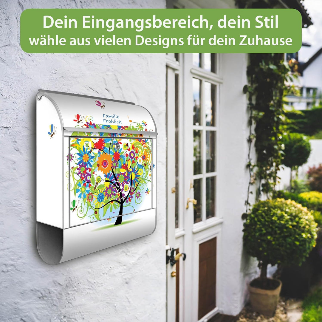 banjado® Design Briefkasten personalisiert Märchenzauberbaum 38,5x46,5x13cm & 2 Schlüssel - Briefkas