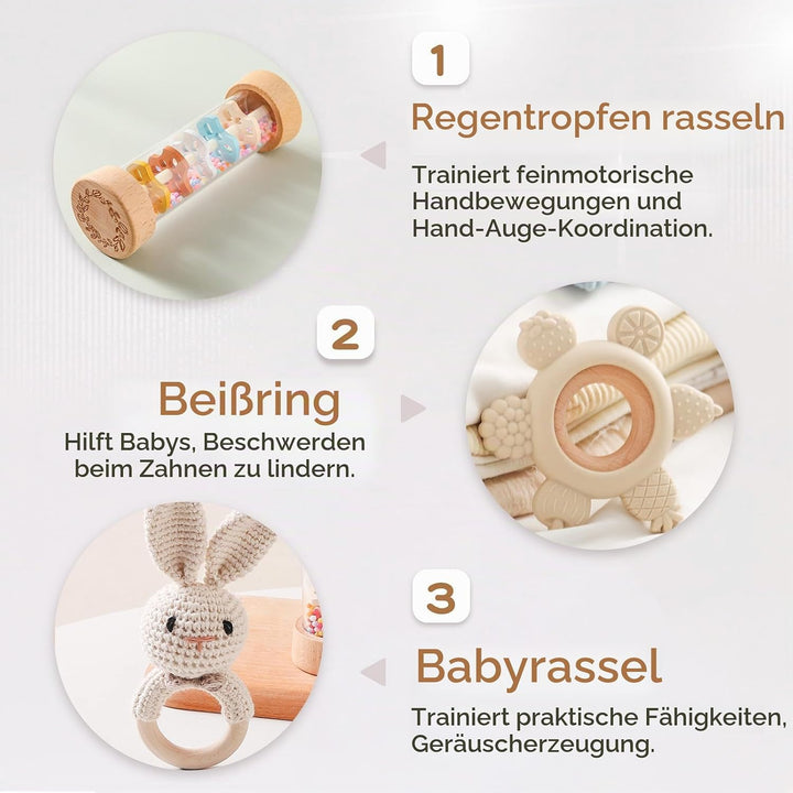 Baby Rassel Set 0 3 6 9 Monate - 3 Stück Baby Rassel Beissring Set mit Gehäkelte Babyrassel und Holz