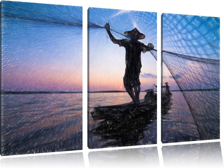 Pixxprint Fischer wirft Sein Netz bei Sonnenuntergang aus Kunst Buntstift Effekt 3-Teiler Leinwandbi