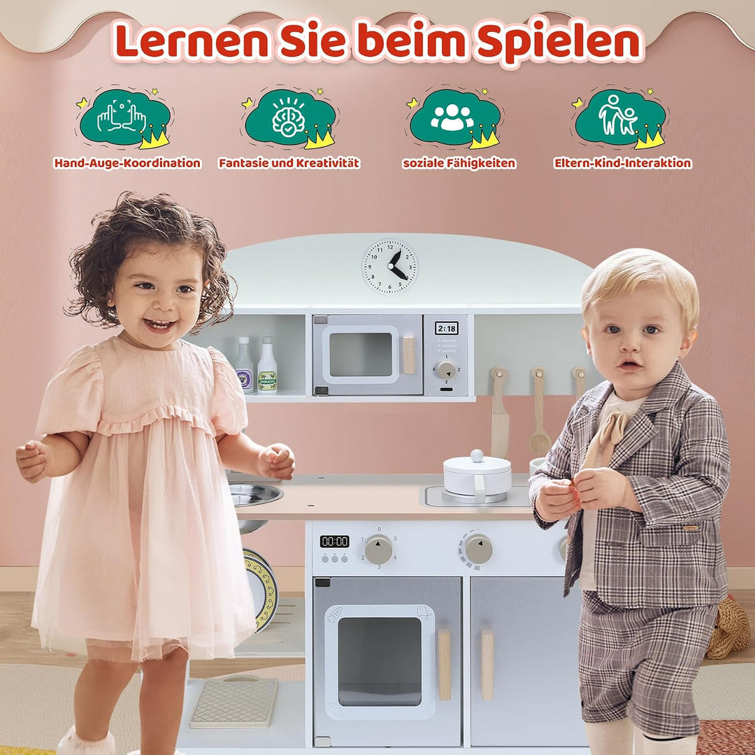 Kinderküche aus Holz mit Zubehör, Spielküche für Kinderzimmer, inkl. Herd, Ofen, Mikrowelle, Kühlsch