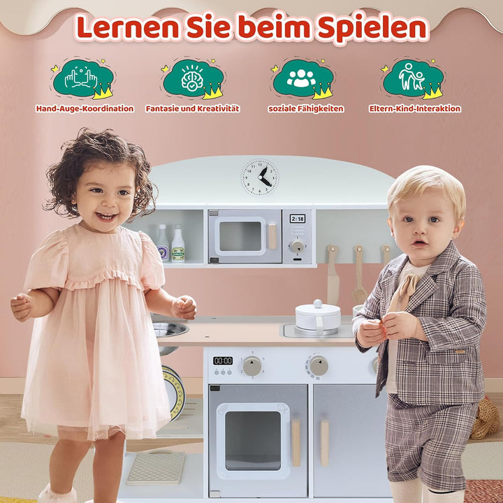 Kinderküche aus Holz mit Zubehör, Spielküche für Kinderzimmer, inkl. Herd, Ofen, Mikrowelle, Kühlsch