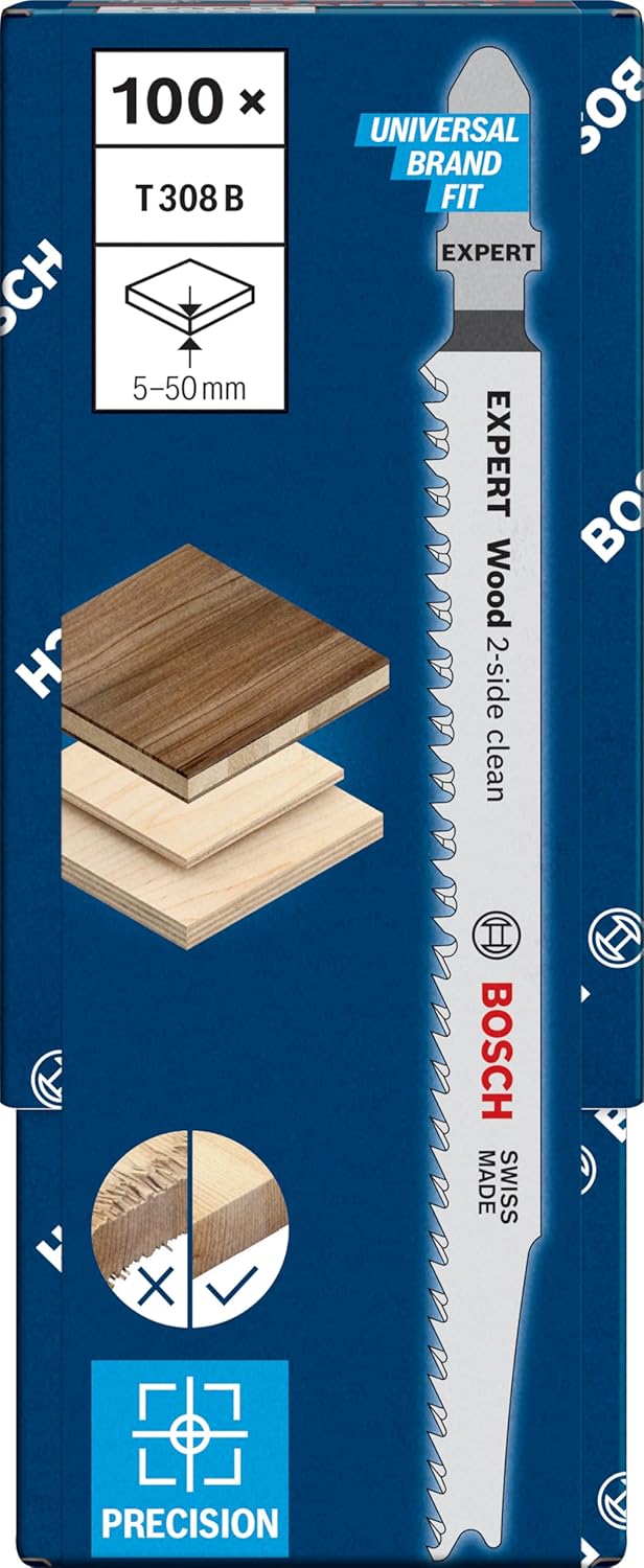 Bosch Professional 100x Stichsägeblatt Expert ‘Wood 2-Side Clean’ T 308 B (für Sperrholz, Massivholz