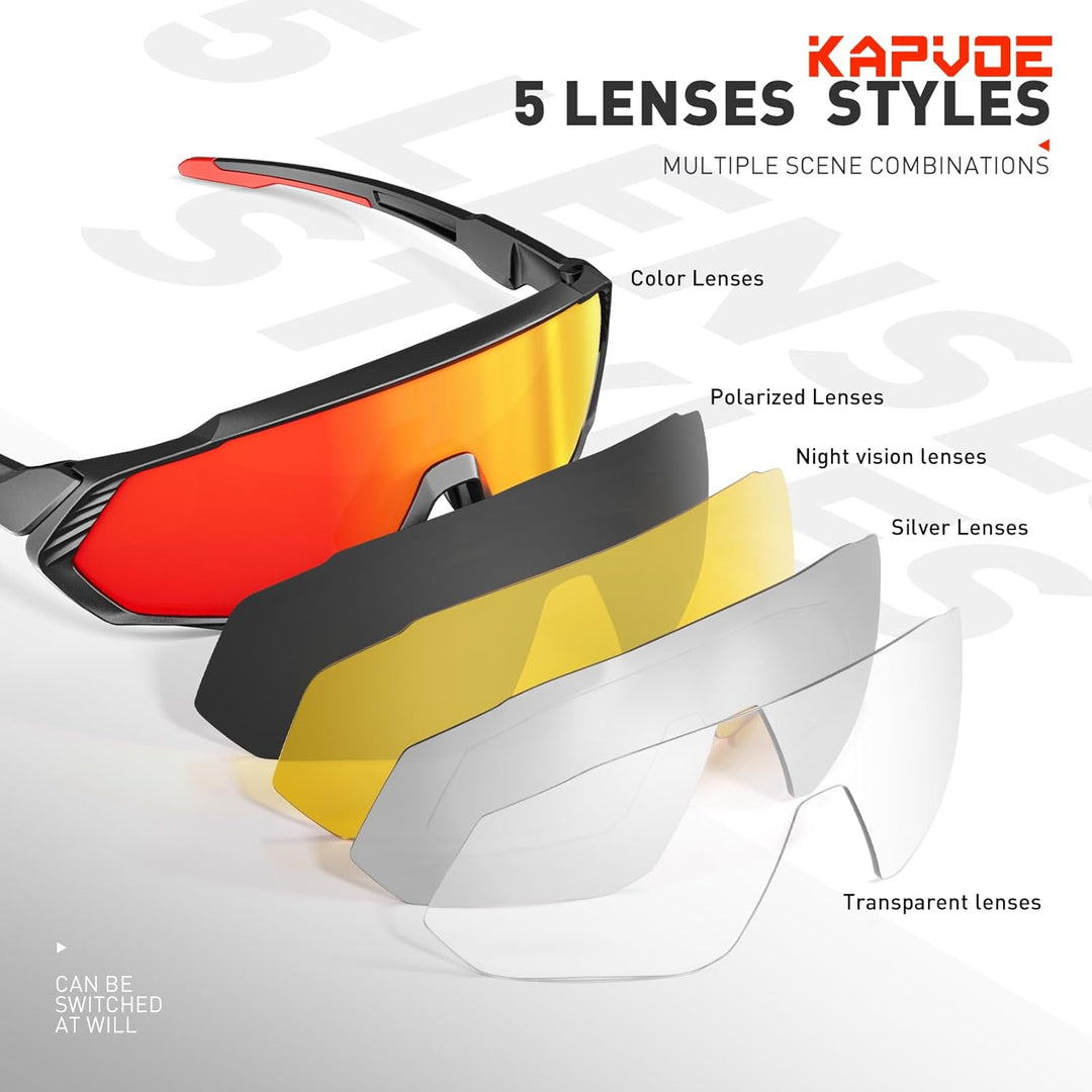 KAPVOE Polarisiert Fahrradbrille mit 1 Linse oder 5 austauschbare Linse TR90 Rahmen für Herren Damen