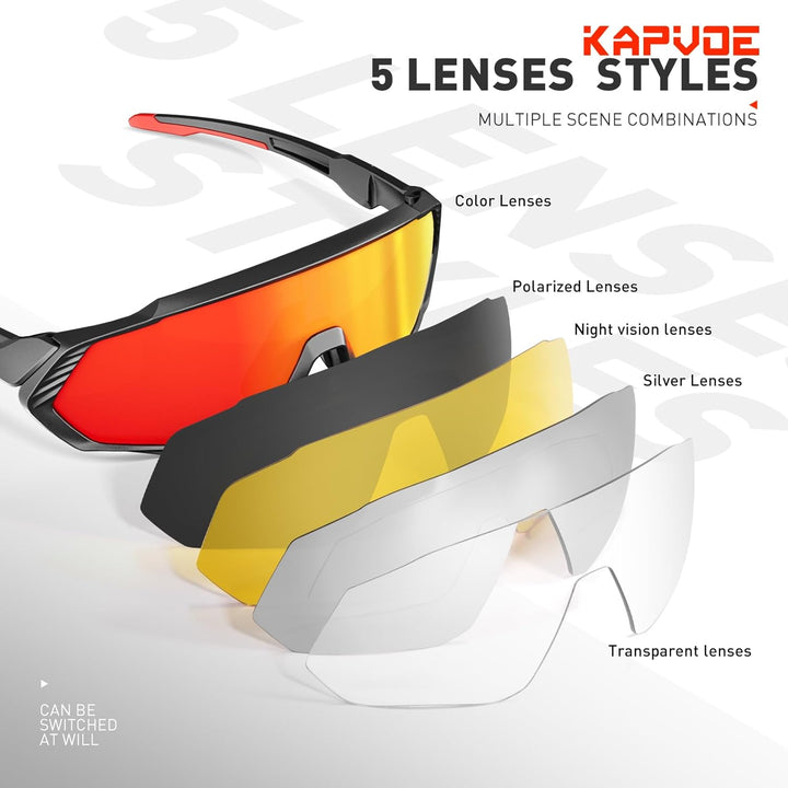KAPVOE Polarisiert Fahrradbrille mit 1 Linse oder 5 austauschbare Linse TR90 Rahmen für Herren Damen