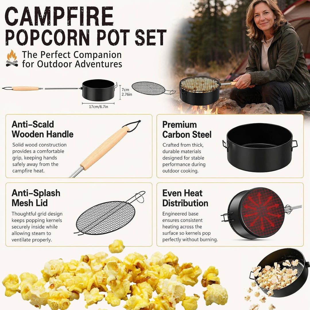 RANJIMA Popcornpfanne Lagerfeuer aus Karbonstahl, Outdoor Popcorn Pfanne mit hitzebeständigem Sicher
