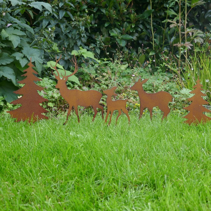 Gartenstecker Deko Rehe und Hirsche mit 2 Tannen in Rostpotik 5er Set - Weihnachtsdeko zum Basteln -
