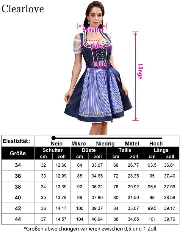 Clearlove Dirndl Damen midi 3tlg Trachtenkleid Damen Trachtenrock Trachtenmode Kleid Dirndlbluse für