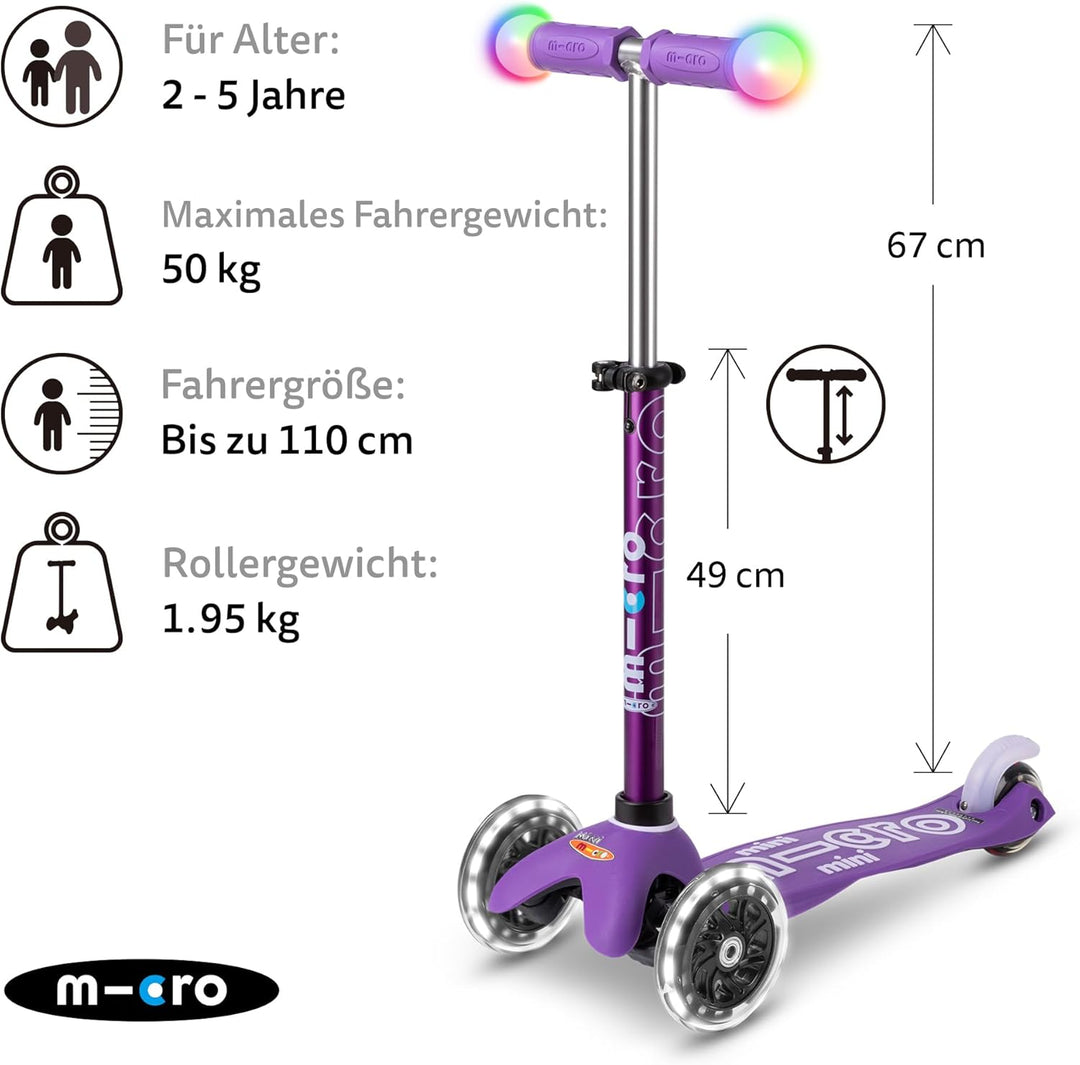 Micro Mini-LED-Lenker mit 3 Rädern für Kleinkinder, 2–5 Jahre, neigbar und schlank, für Kleinkinder