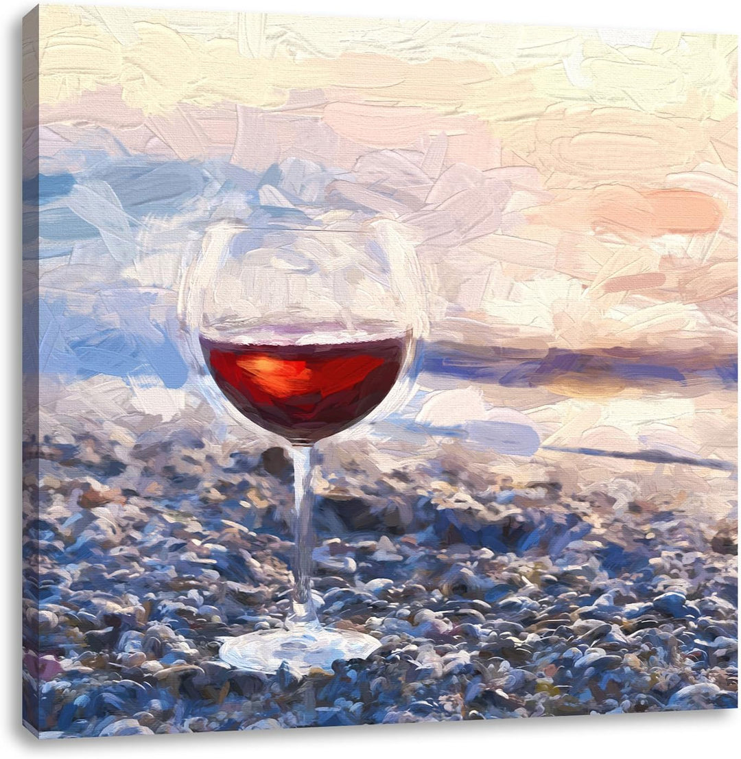 Pixxprint Weinglas am Steinstrand Pinsel Effekt, Format: 70x70 auf Leinwand, 70x70
