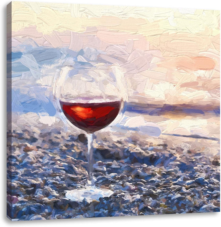 Pixxprint Weinglas am Steinstrand Pinsel Effekt, Format: 70x70 auf Leinwand, 70x70