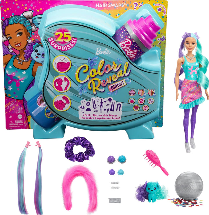 Barbie HBG41 - Color Reveal Balloon Haarwechsel Puppe, Glitzerviolett Spielset mit 25 Überraschungen