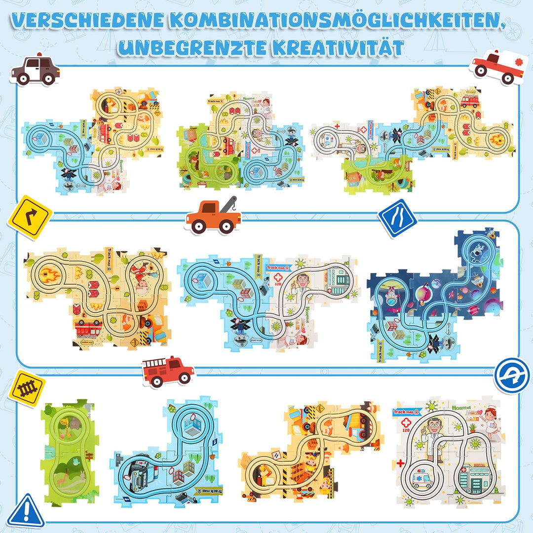 6 Autorennbahn-Sets für Kinder, DIY Rennbahn Puzzle mit 6 Rennauto, Flexible Car Track Spielzeugauto