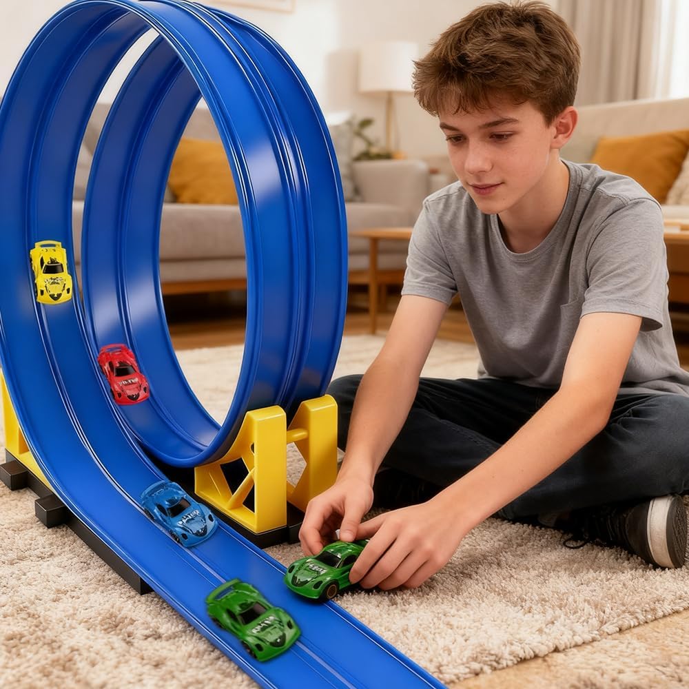 Autorennbahn Spielzeug Auto, 5m Flexible Autobahn Kinder Inklusive 4 Autos, Rennbahn Auto Kinder, Re