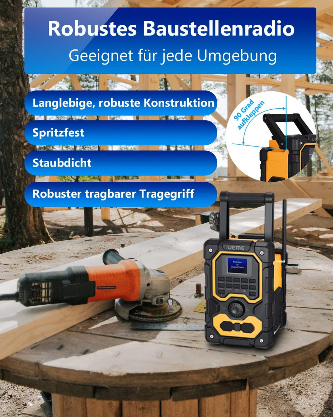 UEME Baustellenradio Robustes DAB+ FM Radio mit Bluetooth,Ladestation und Aux Anschluss DB-1005 (Gel
