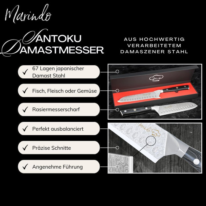 Marindo Santoku Damastmesser aus echtem Damaszener Stahl 17,8 cm Klinge | japanisches Santoku Damast