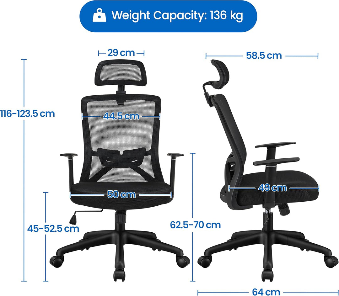 Yaheetech Bürostuhl Ergonomisch Schreibtischstuhl mit Armlehnen und Verstellbarer Kopfstütze, Drehst