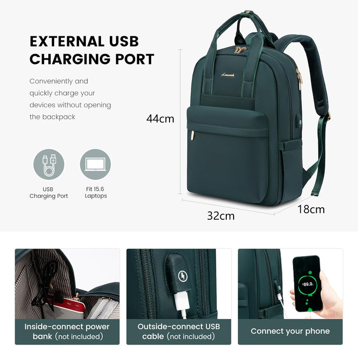 LOVEVOOK Laptop Rucksack Damen, 15,6 Zoll Schulrucksack Teenager mit USB Ladeanschluss, Wasserdicht