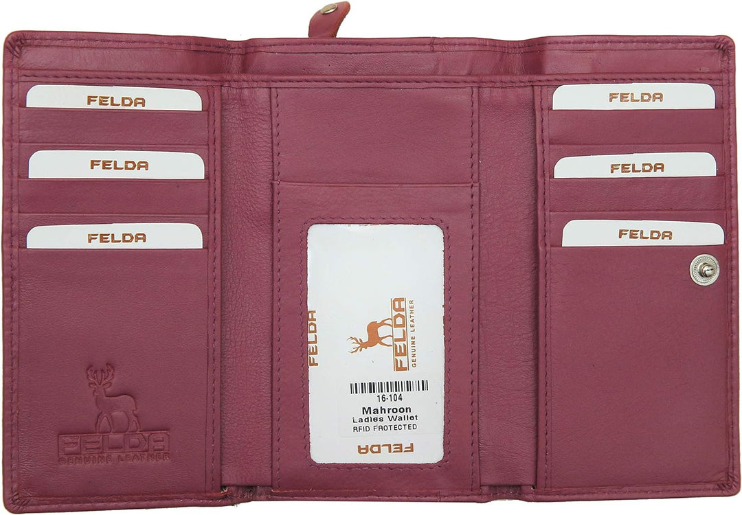 FELDA RFID-Damen-Geldbörse, echtes Leder, Mehrfarbig, weiche Kreditkarten-Geschenkbox Purse Weinrot,