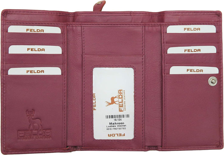 FELDA RFID-Damen-Geldbörse, echtes Leder, Mehrfarbig, weiche Kreditkarten-Geschenkbox Purse Weinrot,