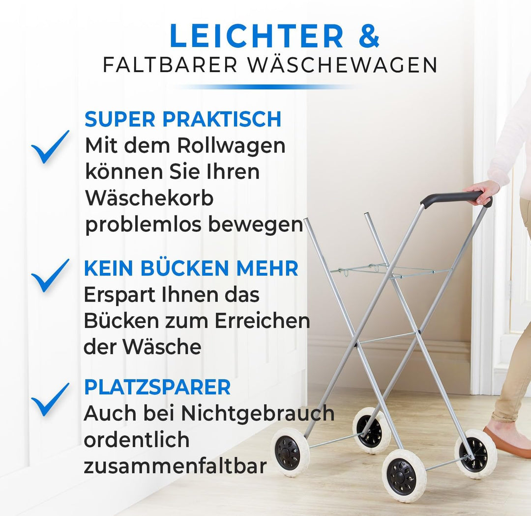 Wäschekorb Trolley mit Rädern – einfaches Transportieren und Aufhängen der Wäsche – platzsparend und