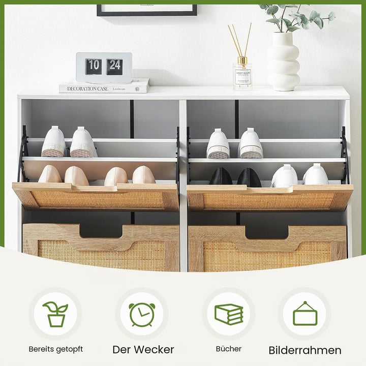 Litake Schuhschrank Schuhkommode mit 4 Rattan Klappen, Schuhkipper Schuhschrank Schuhregal Schmal mi