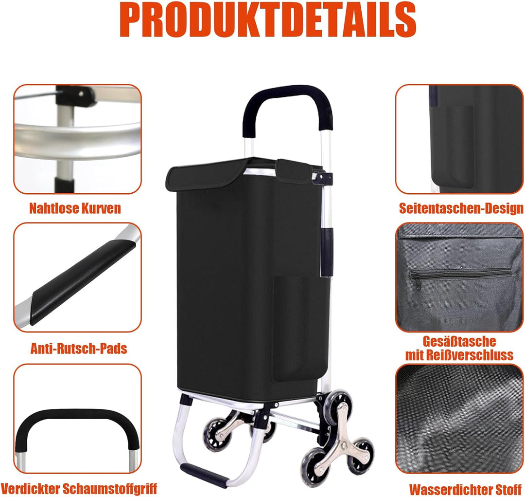 Einkaufstrolley Klappbar, 2 in1 Trolley zum Einkaufen, bis 50 kg, 56 l Kiste | Einkaufstasche mit 6