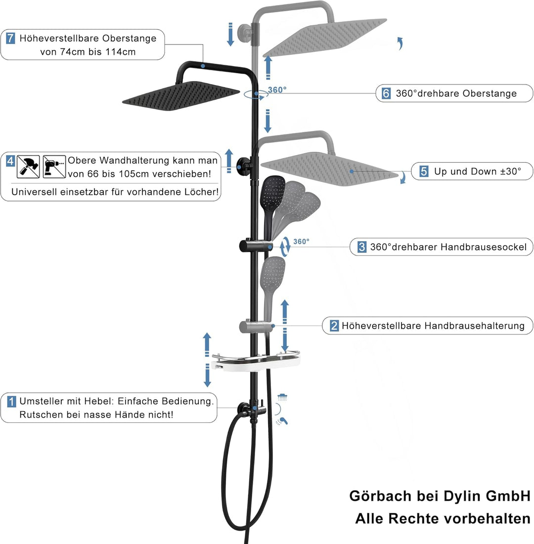 JOHO XXL Regendusche Duschsystem aus 304 Edelstahl mit Ablage, Schwarz Duschset ohne Duscharmatur mi