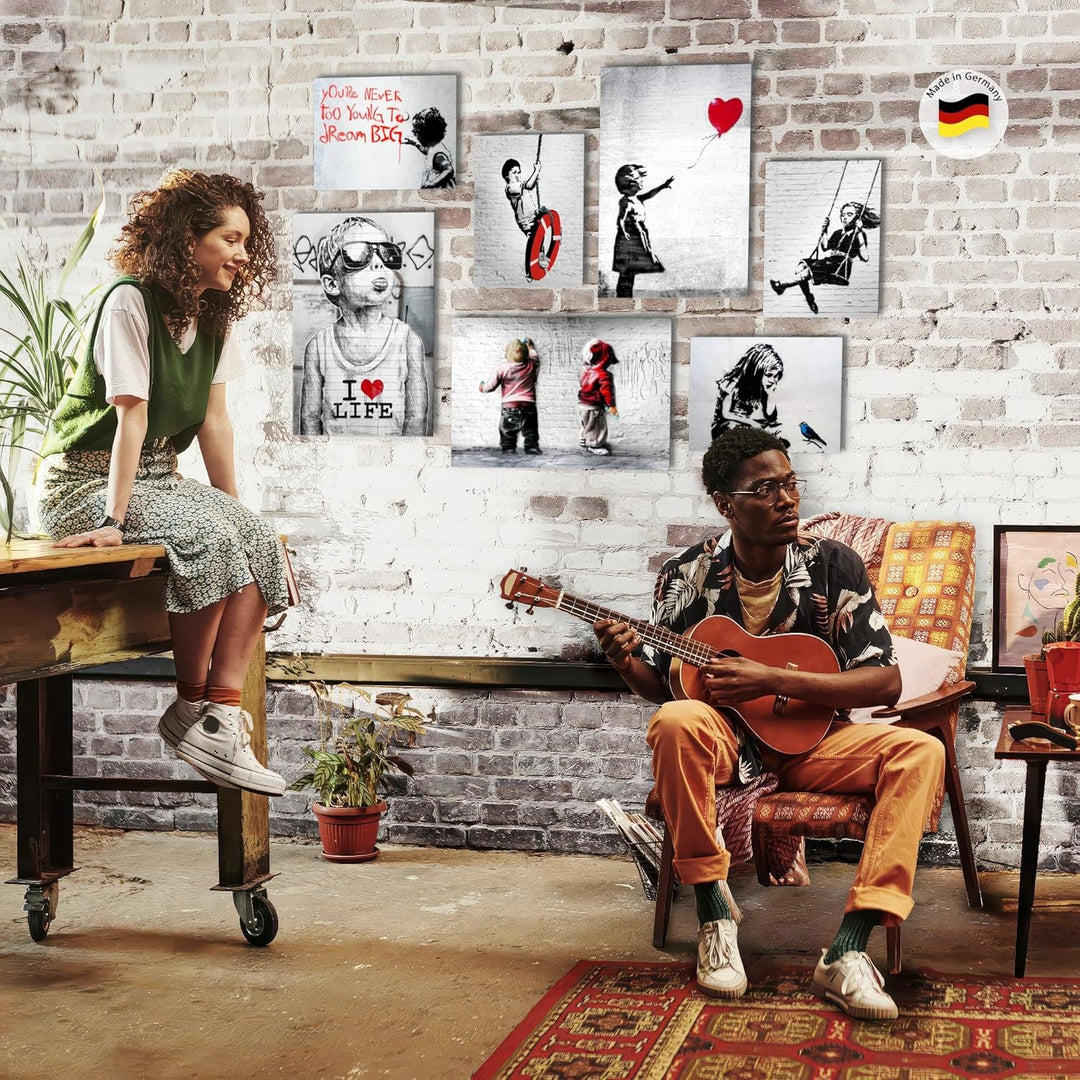 Novart Wandbilder Banksy Collage - KOMPLETT AUFHÄNGFERTIG - Street Art Grau Wohnzimmer Büro Loft - 7