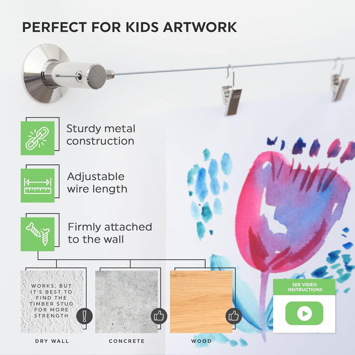 Kinder-Kunstdisplay für Wand (48 Clips – 3 m Draht) Kunstwerk Display für Kinder Kunst – Kunsthänges