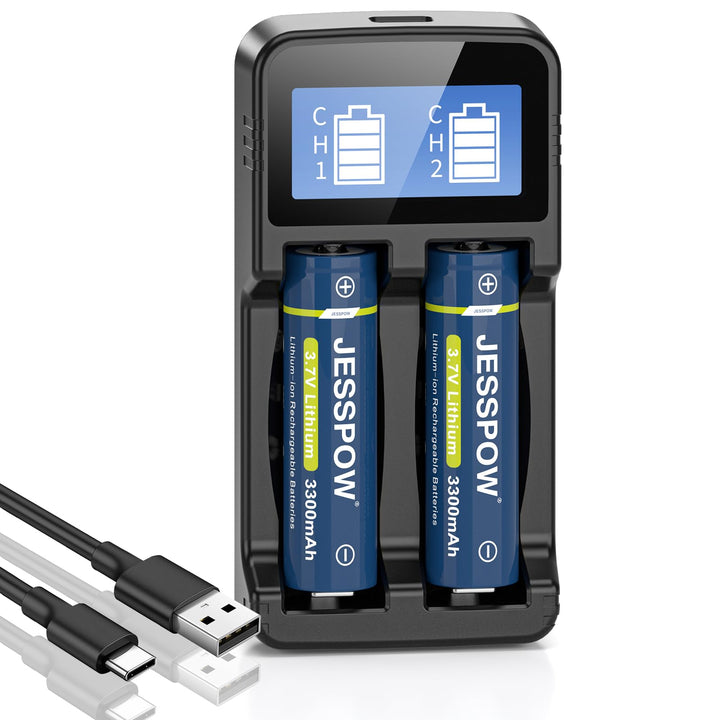 3,7 Volt Akku mit Ladegerät, 3300mAh Batterie[Button-Top, Nicht AA-Akku] | für LED-Stirnlampen, Tasc